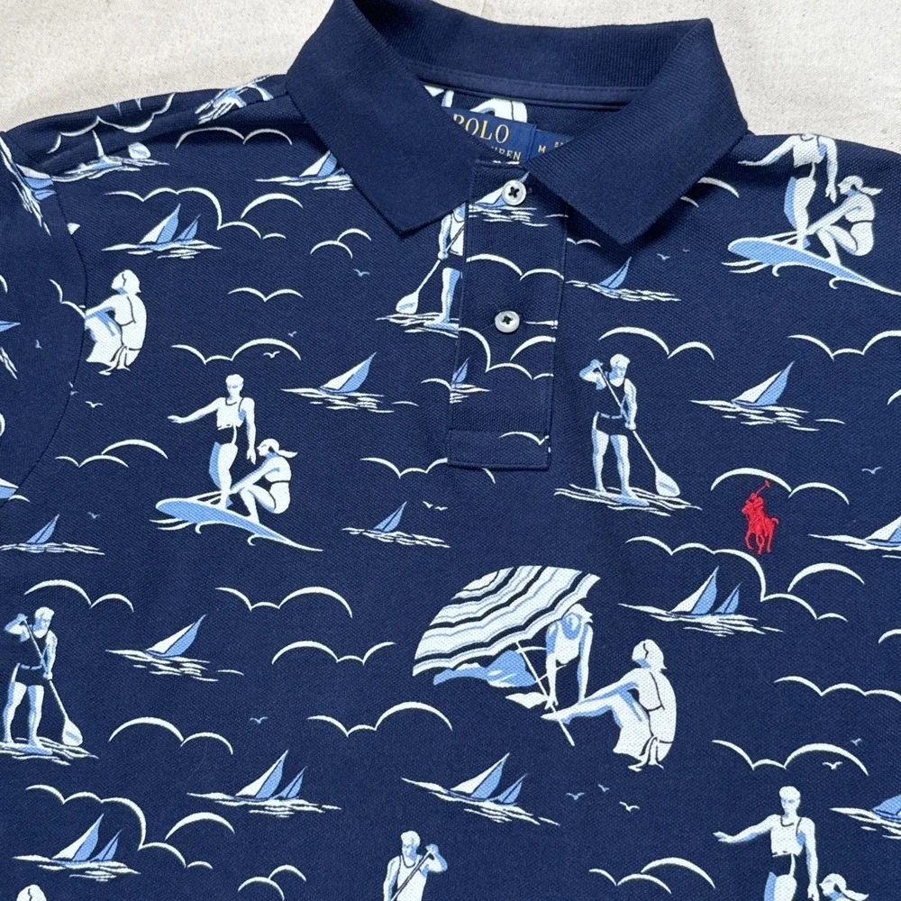 Polo Ralph Lauren Mens XL Navy Blue Swimmer Surfer Shirt Mesh All Over Print